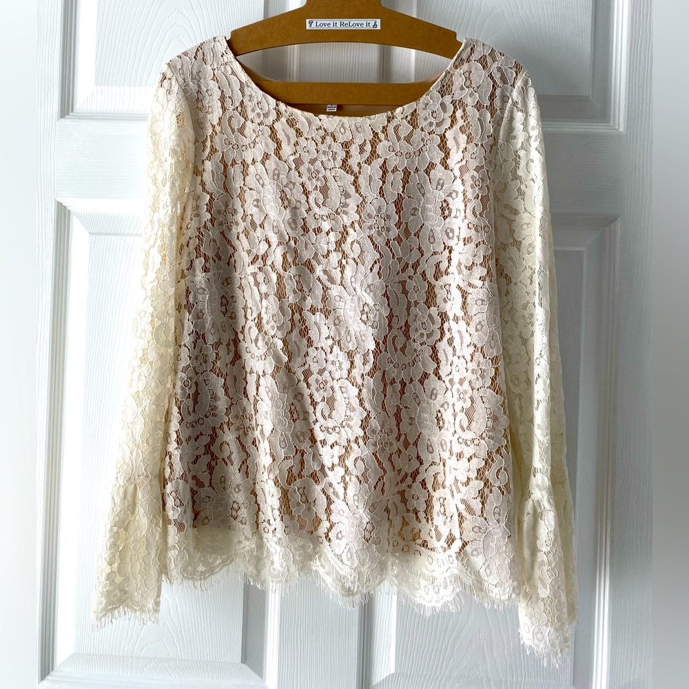 Rose + Olive • Cream Lace Overlay with Tan Cami Bell Sleeve Blouse Size LARGE